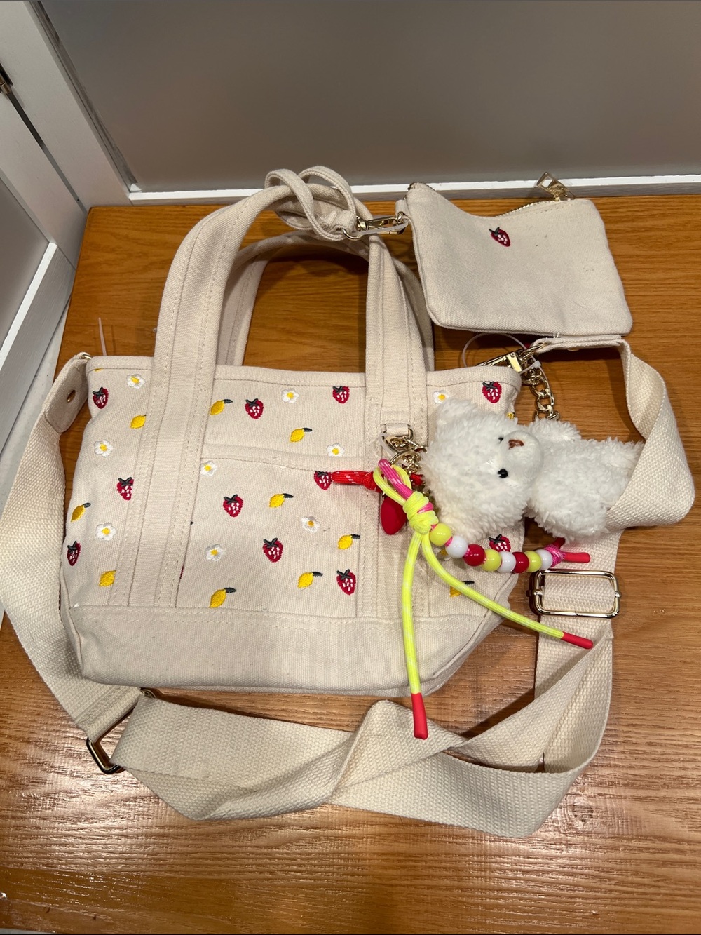 Made. Girl canvas mini tote embroidered lemon strawberry charms NWT